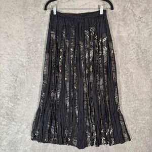 Chicos Size 0 S 100% Silk Newspaper Print Maxi Skirt Black Crinkle Pleated Boho